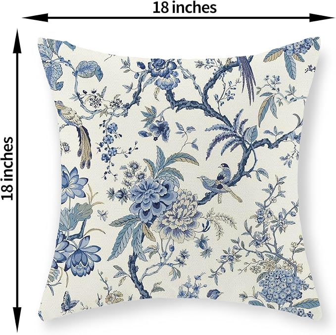 Chinoiserie Floral Bird Pillow Covers 18x18 Set of 2 Spring Chinoiserie Flowers Decorative Pillowcase Outdoor Blue and Cream Throw Pillows Farmhouse Linen Cushion Case for Couch Home Decor