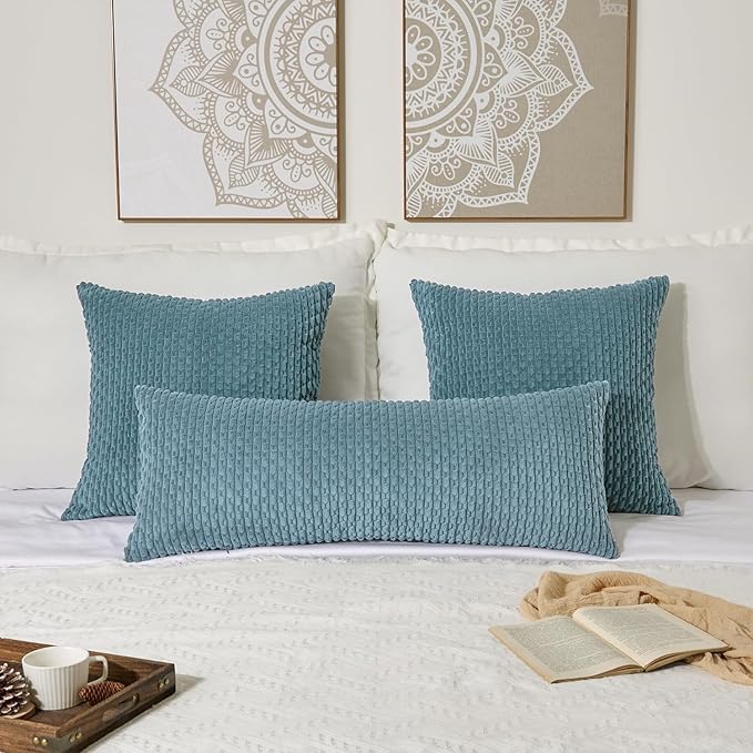 Kevin Textile 20x54 Inch Long Body Lumbar 1 Pack Boho Decorative Throw Pillow Cover Soft Striped Corduroy Rectangle Cushion Case Farmhouse Accent for Living Room Couch Sofa Bed, Blue Grey