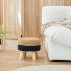 Round Ottoman Natural Seagrass Footstool, Foot Stool with 4 Wood Legs, Hand Woven Round Footstool, Sofa Stool, Multifunctional Modern Dressing Stool, Sofa Side Table for Bedroom (Black)