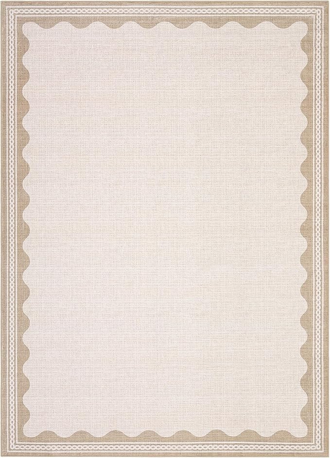 GarveeHome Scalloped Washable Rugs 5x7 Rug for Living Room, 5 x 7 Rug Solid Beige Modern Low-Pile Carpet for Bedroom Dining Nursery Non Slip Mat with Rubber Back