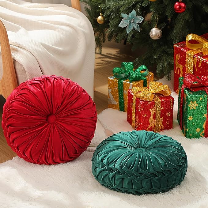 2 Pcs Round Throw Pillows 15 Inch Decorative Velvet Pleated Pumpkin Pillows Boho Floor Pillow with Center Button for Living Room Couch Chair Bed Sofa Home Decoration (Red and Green)