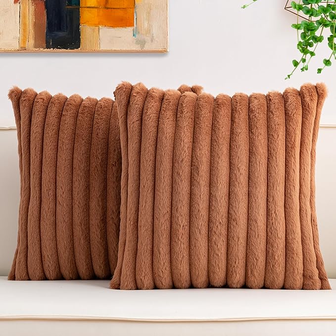 Pack of 2 Faux Fur Fall Throw Pillow Covers 16x16 Inch, Soft Plush Striped Neutral Couch Pillow Cover, with Velvet Back Modern Home Decor for Sofa Living Room Couch Bed Dark Brown