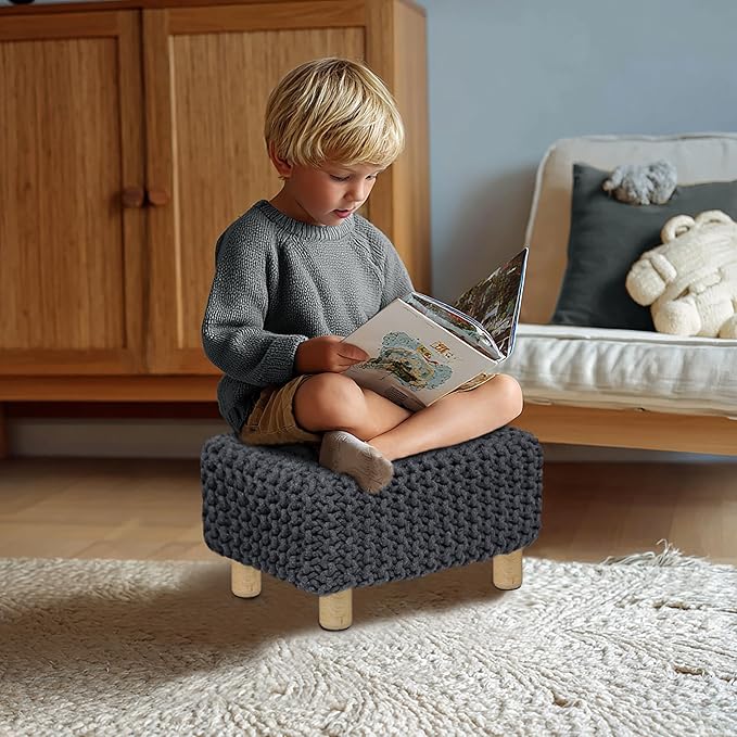COTTON CRAFT Braided Footrest - Handknitted Dori Foot Stool with Sturdy Wood Legs – Handmade Boho Leg Rest - Small Spaces Under Desk Living Room Entryway Low Footstool Pouf - 16.5x12x9.5 - Grey