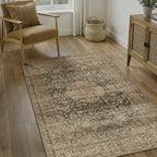 3x5 Washable Vintage Area Rug Green Brown Entryway Office Carpet Non-Slip Soft Low Pile Distressed Throw Rug for Entrance Living Room Bathroom Dining Room