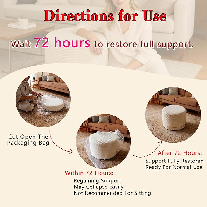 Thgonwid Corduroy Stuffed Round Pouf Ottoman, Foot Stool with One-Piece Cut High-Density Memory Foam, Furry and Fluffy Footstool, Compact Pouf Footrest for Living Room Bedroom, 17"x13", Cream White