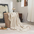 FOSSA Muslin Blanket with Fringe - 4-Layer 100% Cotton Gauze Super Soft & Breathable Throw -Lightweight Decorative Cooling Blanket for Bed, Sofa, Office (Beige, Throw (60" × 50"))