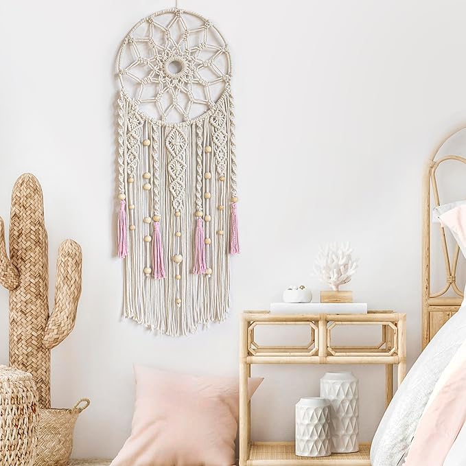 LB Boho Pink Macrame Wall Hanging Flower Dream Catcher Handmade Woven Cotton Tapestry with Wood beads Modern Aesthetic Wall Art Decor for Home, Bedroom, Living Room