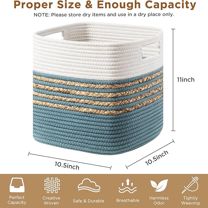 UBBCARE Set of 3 Storage Cubes 11 X 10.5 X 10.5 in, Water Hyacinth Storage Bins for Shelves, Toys, Book, Storage Baskets with Handles, Cotton Rope Woven Baskets for Organizing, Light Blue