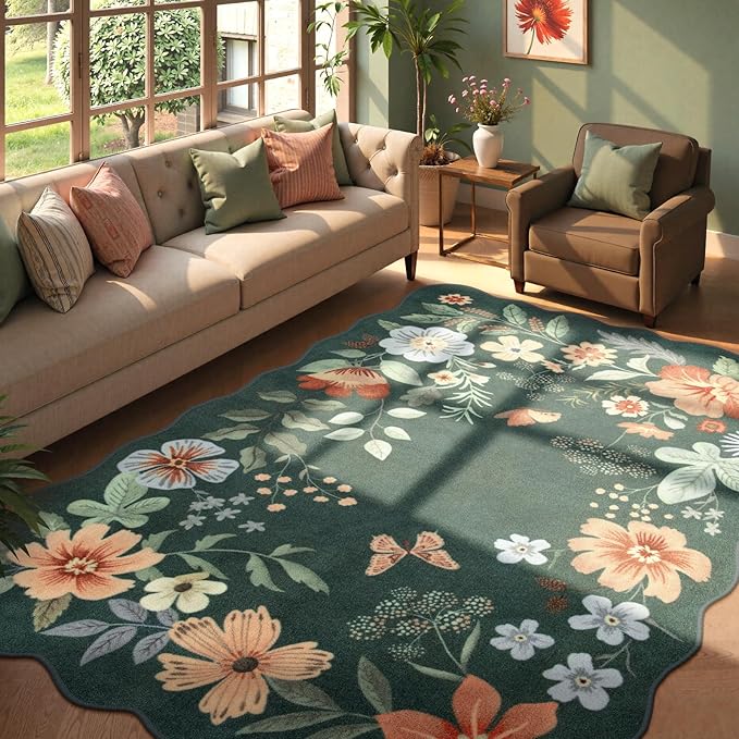 Lahome Floral Washable 6x9 Area Rugs, Soft Bedroom Rug for Living Room Ultra-Thin Non Slip Dining Room Rug, Stain Resistant Boho Rugs Throw Carpet for Office Flore (6'x9',Dark Green)