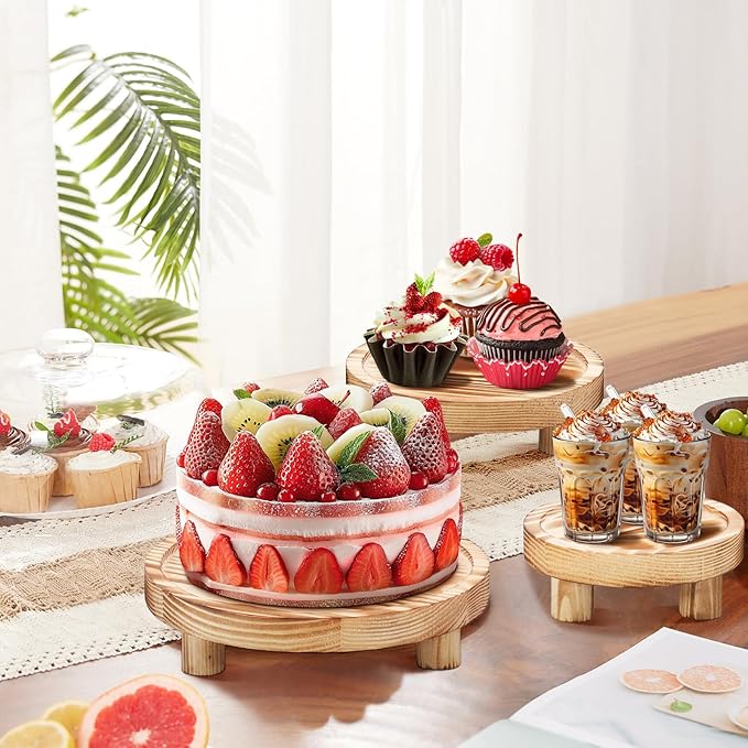 3 Pcs Wood Plant Stand Indoor Outdoor, Wooden Stool Display Stand 5/6/8" Round Riser Flower Pot Holder with Raised Edge Small Planter Tray Modern Potter Decorative for Garden Desktop Home Table Counter Room (Natural)