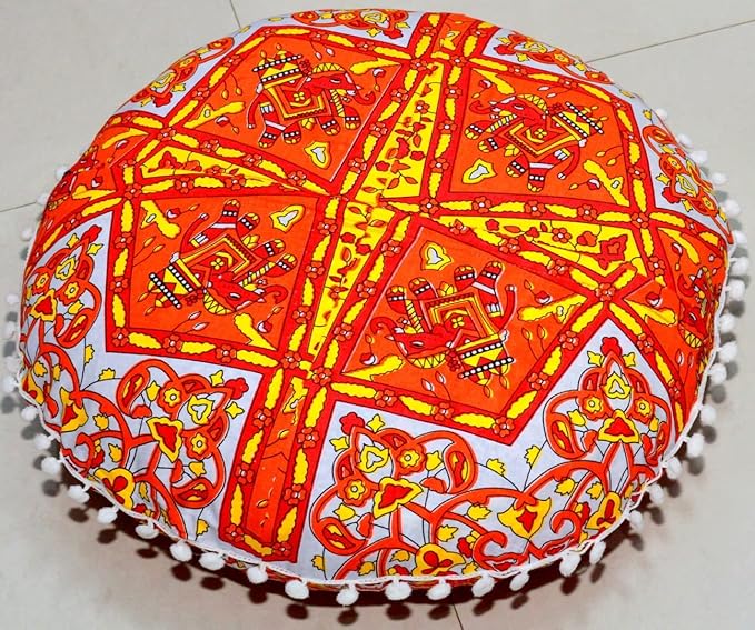 CRAFT KALA 22" Mandala Meditation Floor Pillows Cover Pouf Cover Round Seating Bohemian Mandala Cotton Floor Cushion Cover Outdoor Fireplace Seating Living Room Yoga Room Home Décor (Orange Flower)