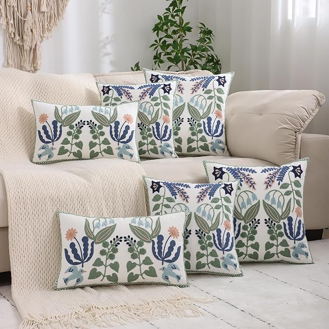 Tosleo Flower Embroidered Throw Pillow Covers 16x16 Pack of 2 Green Leaves with Birds Floral Tufted Pillowcases Spring Summer Decor Coastal Pillow Cushion Cases Square Navy Blue Flower Pillow Case