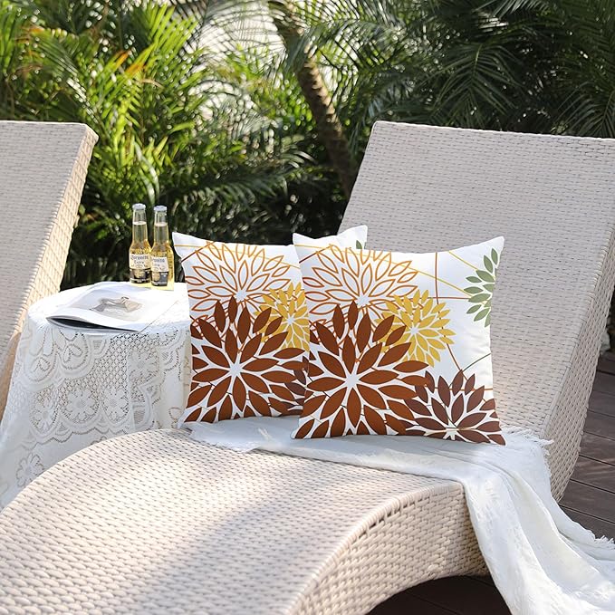 DFXSZ Brown and Yellow Floral Pillow Covers 18x18 Set of 2 Outdoor Waterproof Decorative Throw Pillows Summer Pillow Covers Polyester Cushion Case Decor for Couch Patio Funiture Garden Porch 011E18