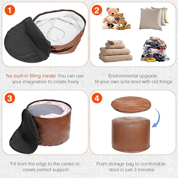 Unstuffed Ottoman Pouf Cover 20 X 15 Inch, Round Pu Leather Foot Stool, Floor Bean Bag(No Filler), Foot Rest with Storage for Living Room/Bedroom/Office, Brown