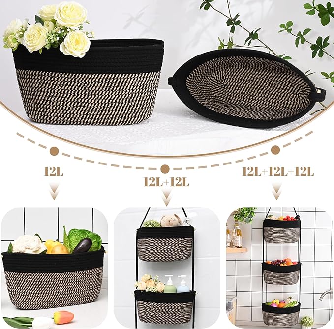 Hanging Basket, 3-Tier Wall Baskets, Over the Door Organizer with 4 Hooks, Hanging Baskets for Organizing, Woven Storage Basket Behind the Door for Nursery, Bedroom, Living Room, Kitchen