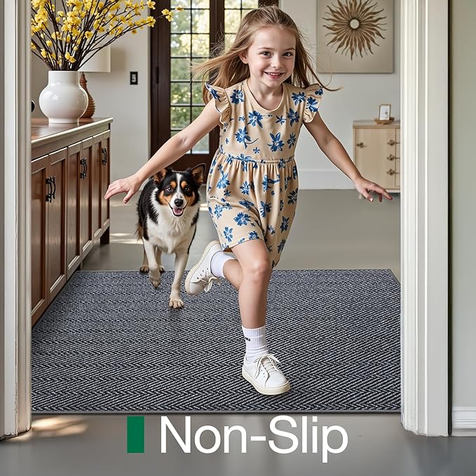 LUMI Ultra Thin Indoor Door Mat for Entrance 32"x48", Non Slip Entryway Mat, Low Profile Doormat, Unique Herringbone Design Carpet for Inside, Patio, Porch, Medium Gray