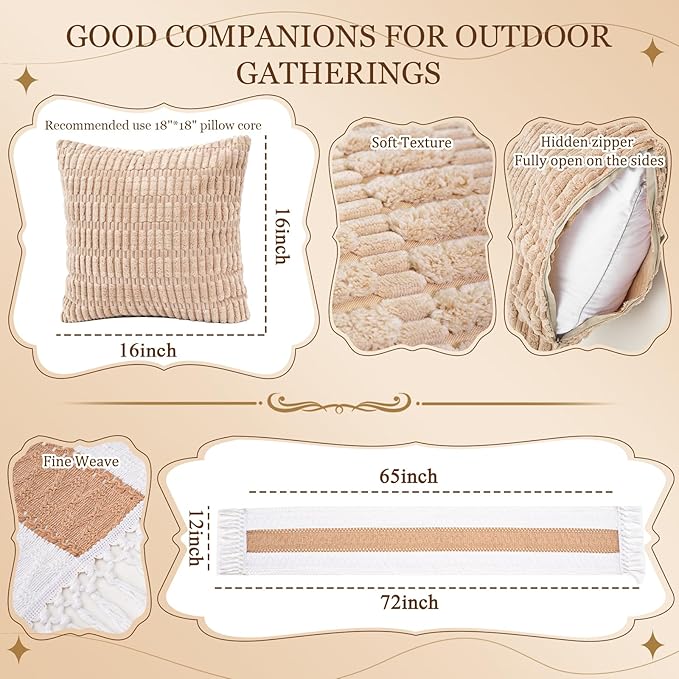 Extra Large Outdoor Boho Picnic Blanket with Table Runner and 6 Throw Pillows Covers Wedding Party Decoration Photoshoot Home Garden Party Decor Patio Lawn Outdoor Mat Beach Party theme Supplies White