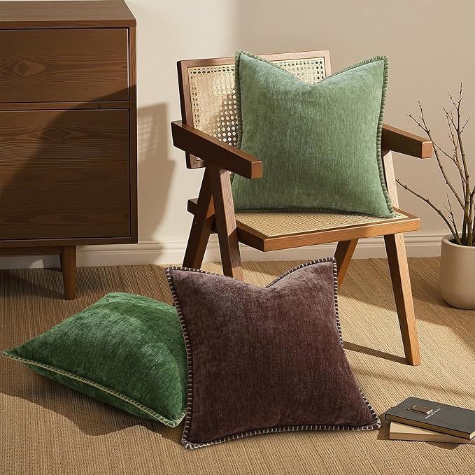 decorUhome Chenille Soft Cozy Throw Pillow Covers 12x20 Set of 2, Modern Farmhouse Boho Velvet Decorative Pillow Cases with Stitched Edge for Couch Sofa Bed Home Decor, Chocolate