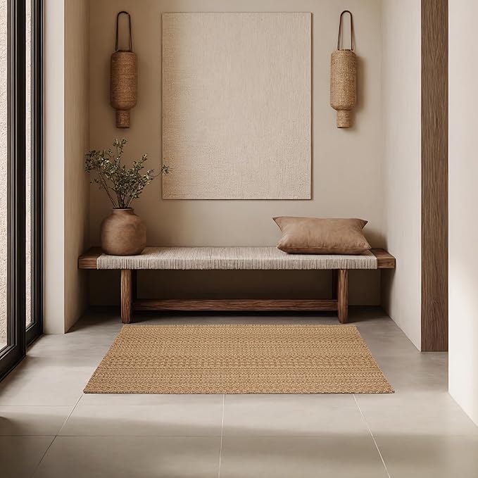 2x4 Washable Rug, Textured Natural Woven Low-Profile Small Runner with Non-Slip Backing, Light Brown, for Kitchen Sink, Laundry Room, Double Door Entryway