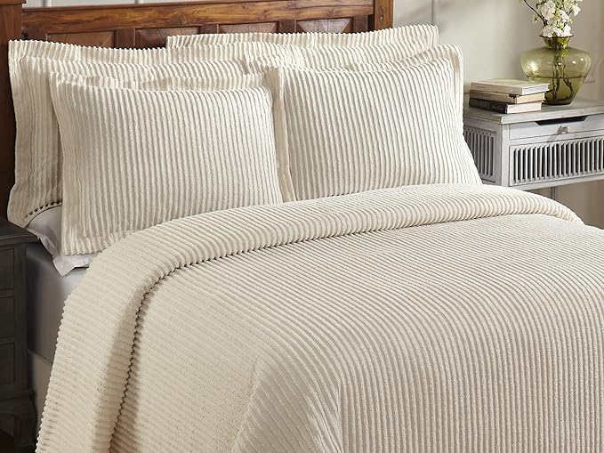 Better Trends Chenille Bedspreads Twin Size, Ivory 100% Cotton Chenille Stripe Design Tufted Bedding Coverlet Soft Lightweight, 96"x110" with 1 PC Sham 2 Pieces Set Jullian Collection
