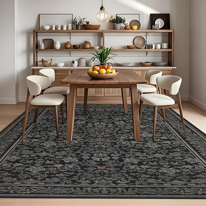 GarveeHome 5x7 Washable Area Rugs for Living Room, Boho Vintage Rug Non Slip Low Pile Stain Resistance Indoor Soft Large Throw Carpet for Bedroom Dining Room Office Black