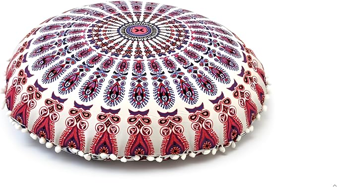Round Mandala Floor Pillow Cover Seating Cushion Throw Cover Hippie Decorative Bohemian Ottoman Pouf Cover, Pom Pom Pillow Cases,Boho Indian 22 Inches (Pink)