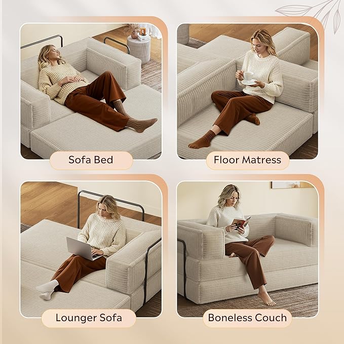WLIVE 71'' Futon Sofa Bed, Convertible Sleeper Sofa, Folding Pull Out Couch Boneless Mattress with Fixed Frame, Corduroy, with Storage Pocket, Beige