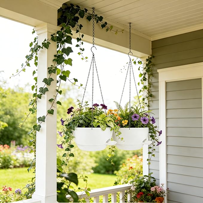 2 Pack Hanging Planters for Indoor Outdoor Plants, 12Inch Self Watering Hanging Pot with Drainage Holes and Saucer, Plastic Plant Pots, White Flower Pots for Kitchen, Balcony, Garden