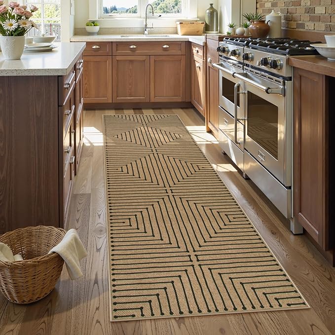 Lahome Neutral Geometric Washable Runner Rug, 2x8 Kitchen Runners for Hallways Non Slip Entryway Rug, Farmhouse Rhombus Low Pile Non Shedding Nature Indoor Outdoor Carpet Runner for Laundry Room