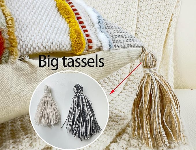 Boho Throw Pillow Covers 16x16 Aesthetic Neutral Boucle Couch Pillow Cover Rainbow Striped Decorative Accent Pillow Case for Couch Bed Sofa Farmhouse,Modern Funky,Set of 2 Yellow-Grey