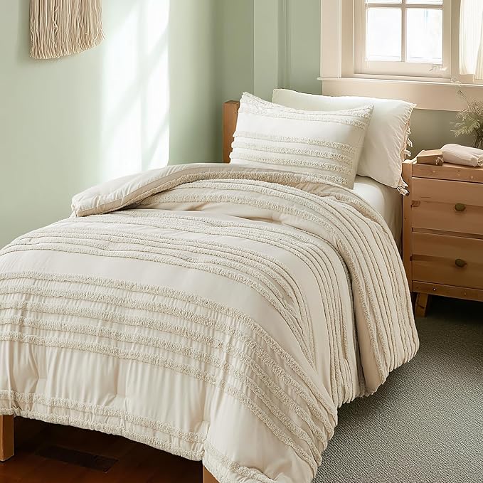 BEDELITE Boho Twin/Twin XL Comforter Set，Beige Tufted Striped Bed Set 2 Pieces, Soft Vintage Farmhouse Comforter for College, Boho Home Dorm Decor, Fluffy Jacquard Bedding with 1 Pillow Sham