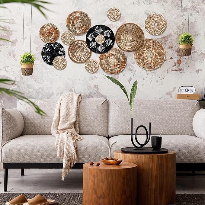 Xuhal 15 Pcs Boho Wall Basket Decor Handcrafted Seagrass Woven Wall Basket Rustic Round Woven Hanging Art for Home Farmhouse Kitchen Table Living Room (Dark Colors Style)