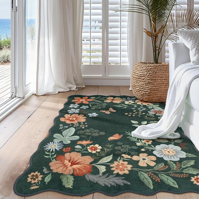 Lahome Floral Washable Rug- 4x6ft Green Bedroom Girls Ultra-Thin Soft Living Room Non-Slip Stain Resistant Boho Lightweight Throw Rug for Nursery Office Flore, Dark Green
