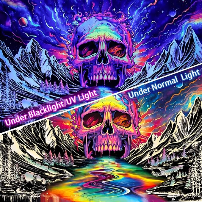 Lahasbja Blacklight Skull Tapestry UV Reactive Galaxy Mountain Planet Tapestries Magic Neon River Wall Hanging Aesthetic Skeleton Wall Decor Forest Trees Landscape Backdrop for Living Room