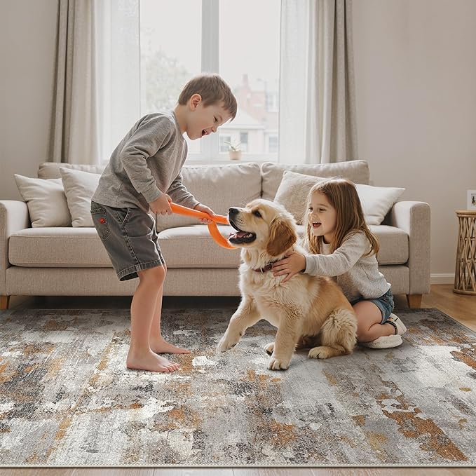 GENIMO Washable Rugs 5x7 Area Rugs for Living Room Bedroom, Modern Lightweight Rug Ultra Soft Indoor Area Rugs 5x7 for Dining Room, Low Pile Carpet with Non Slip Backing, Grey Brown Beige