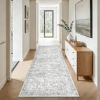 2x8 Hallway Runner Rug: Washable Vintage Floral Entryway Rugs Low Pile Non-Slip Boho Carpet for Kitchen, Bedroom, Bathroom, Dining Room (Grey, 2'x8')