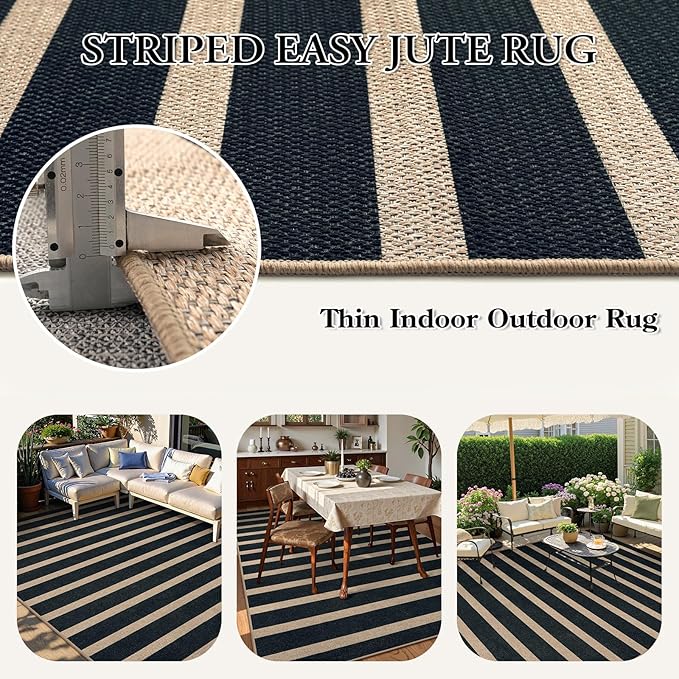 Lahome Elance Striped Easy Jute Area Rug 6x9, Outdoor Patio Rug Neutral Black Carpet for Living Room Classroom, Farmhouse Low Pile Non Slip Non Shedding Floor Carpet for Dining Room Office