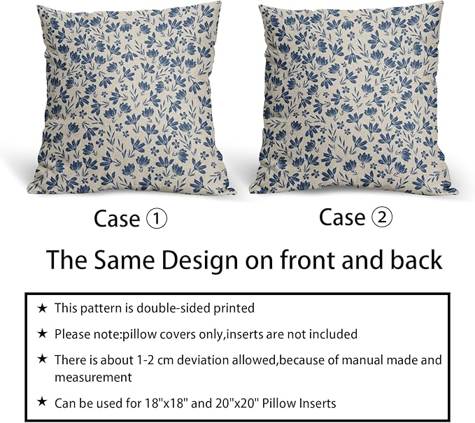 Blue Floral Pillow Covers 24x24 Set of 2 Vintage Rustic Old Style Cute Small Flower Cream Print Decorative Outdoor Pillowcases Farmhouse Throw Cushion Case Decor for Couch Sofa Bed