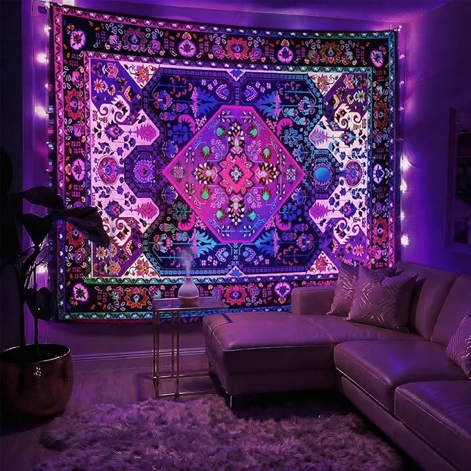 Apdidl Blackligt Boho Hippie Wall Tapestry for Bedroom Aesthetic, Glow in The Dark Neon Indian Bohemian Mandala Tapestries, UV Reactive Purple Floral Blanket Vertical Wall Hanging for Living Room 51" X 60"