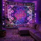 Apdidl Blackligt Boho Hippie Wall Tapestry for Bedroom Aesthetic, Glow in The Dark Neon Indian Bohemian Mandala Tapestries, UV Reactive Purple Floral Blanket Vertical Wall Hanging for Living Room 60" X 79"