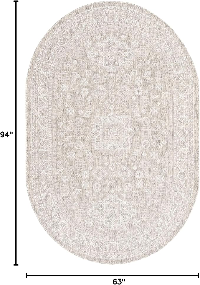 Rugs.com Outdoor Aztec Collection Rug – 5' x 8' Oval Light Gray Flatweave Rug Perfect for Living Rooms, Large Dining Rooms, Open Floorplans