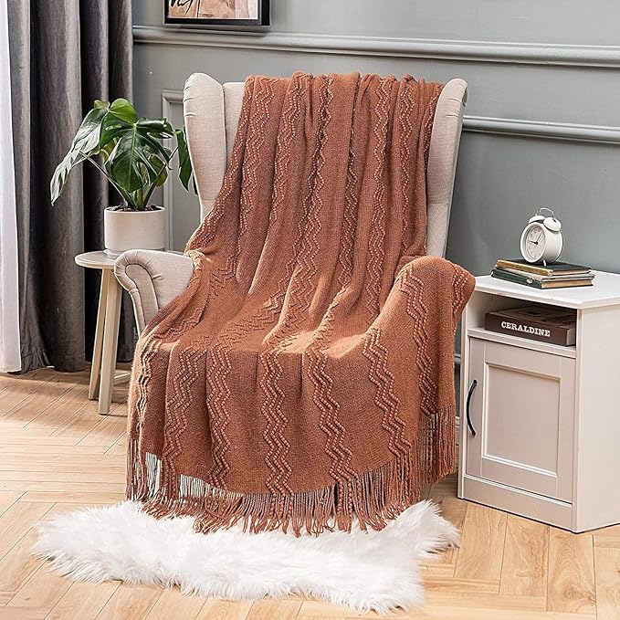 MIULEE Orange Knitted Throw Blanket for Couch Boho Terracotta Rust Textured Cozy Woven Blanket with Tassels for Sofa Chair Bed Living Room Acrylic Wave Pattern 60"x80"