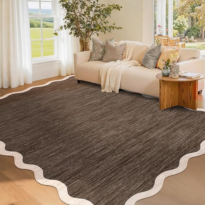 GarveeHome Scalloped Washable Area Rugs 5x7 Rug for Living Room Modern Non Slip Throw Rugs Brown Rug Soft Bedroom Rugs Non Shedding Low Pile Stain Resistant Carpet for Dining Room Nursery 5'x7' Brown
