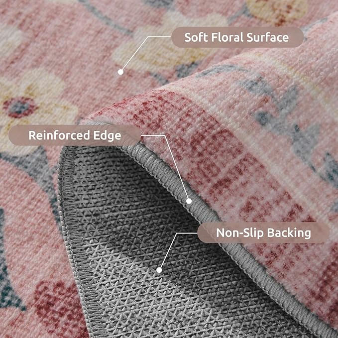 AMOAMI Vintage Floral 5x7 Area Rugs for Living Room Rug, Machine Washable Rug Non Slip Large Area Rug for Bedroom Indoor Low Pile Carpet Ultra Soft Boho Rugs for Dining Room Playroom Office, Pink