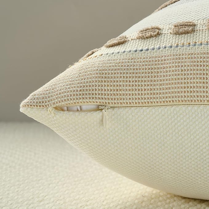 FUTEI Khaki Decorative Throw Pillow Covers 18x18 Inch Set of 2, Soft Tufted Striped Textured Accent Cushion Case,Boho Pillows for Couch Decor