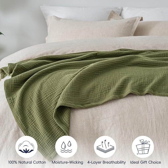 PHF 100% Cotton Muslin Blanket Twin XL Size 66"x90", 4-Layer Lightweight Gauze Throw, Breathable Cloud-Soft Minimalist Blanket for Bed, Couch, Camping & Baby, Olive Green, Ideal Gift