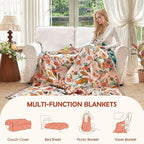 Boho Throw Blanket - 90"x90" 100% Cotton Ultra Soft Lightweight Spring Blanket, 4-Layer Breathable Muslin Blankets for Bed Couch, Reversible Blue Floral Bird Printed Bohemian Cotton Quilt