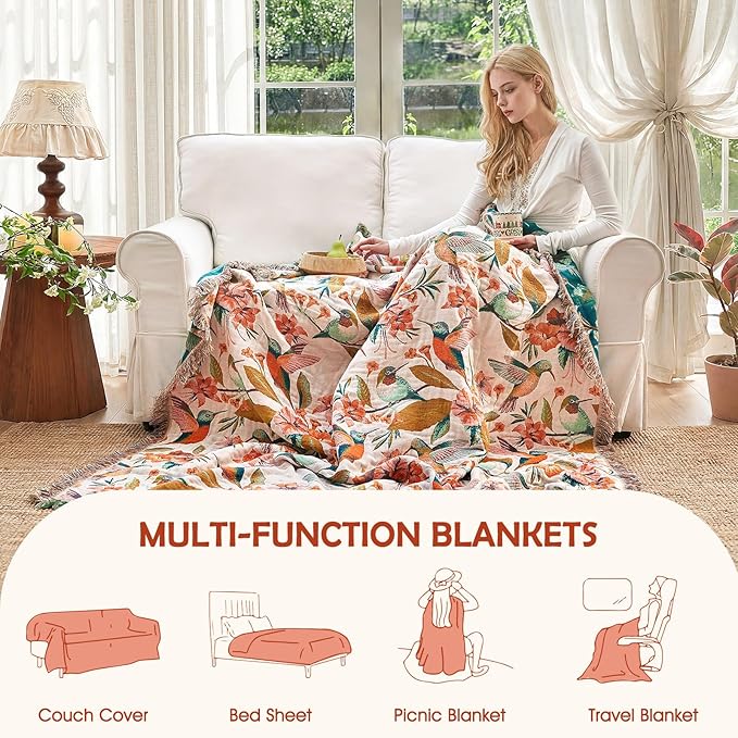 Boho Throw Blanket - 90"x90" 100% Cotton Ultra Soft Lightweight Spring Blanket, 4-Layer Breathable Muslin Blankets for Bed Couch, Reversible Blue Floral Bird Printed Bohemian Cotton Quilt