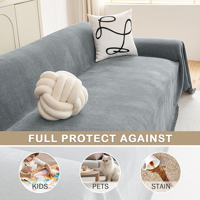 hyha Couch Cover for Dogs, Boho Sofa Covers for 3 Cushion Couch Washable, Chenille Sofa Slipcover for Pets, Soft Loveseat Sectional Couch Throw Blankets with Tassels (Grey, 88.5x150 Inch)