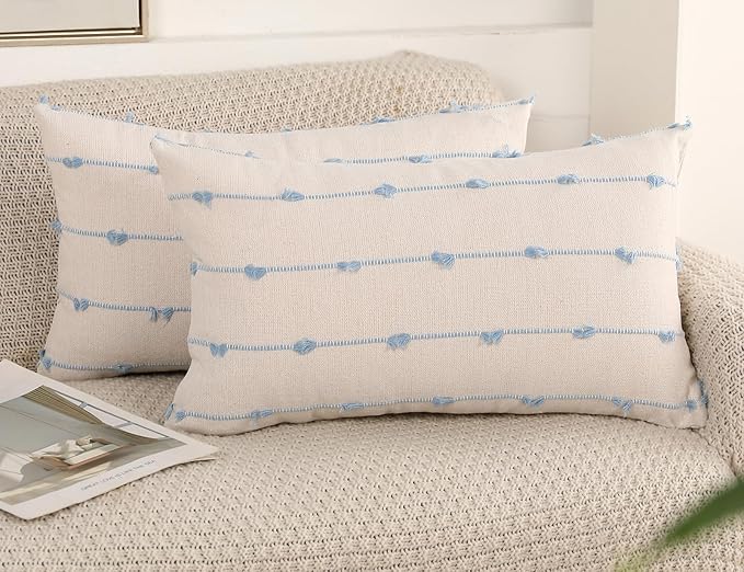 Set of 2 Boho Lumbar Throw Pillow Covers 12x20,Light Blue Neutral Couch Pillow Case with Tassel Fringe Decorative,Modern Accent Farmhouse Cushion Covers for Sofa Couch Bed Living Room
